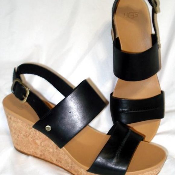 UGG Shoes - UGG Elena II WOMAN 11 M BLACK LEATHER STRAPPY CORK WEDGE SANDAL SHOE 1090729 NEW